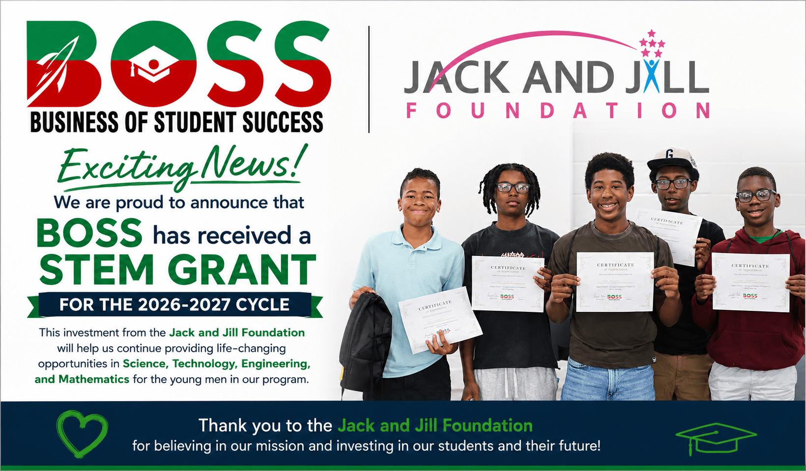 BOSS Awarded Jack & Jill Foundation STEM Grant for 2026-2027